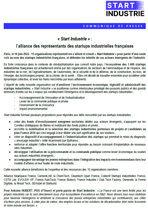 Ecosystème | Le CSI France et 14 autres organisations représentantes des startups industrielles créent StartIndustrie