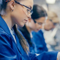 Female Electronics Factory Worker in Blue Work Coat and Protective Glasses is Assembling Laptop's Motherboard with a Screwdriver. High Tech Factory Facility with Multiple Employees.